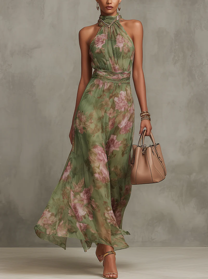 Sage | Impressionist Floral Halter Maxi Dress