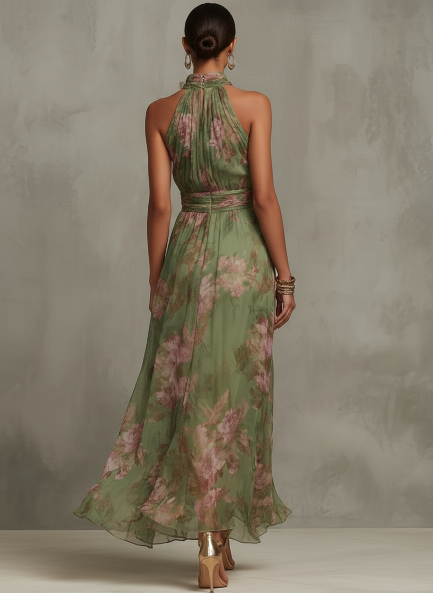 Sage | Impressionist Floral Halter Maxi Dress