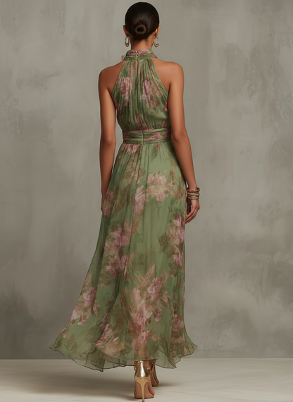 Sage | Impressionist Floral Halter Maxi Dress