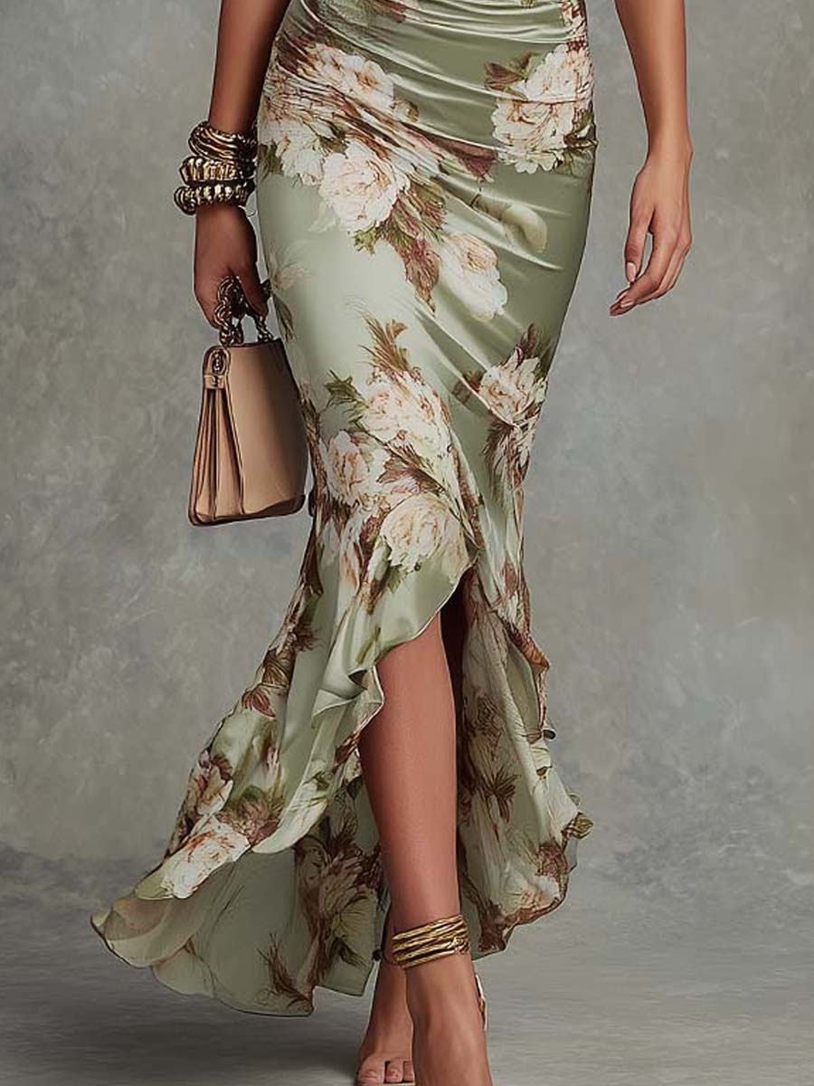 Anna™ | Asymmetrical Green Satin Floral Maxi