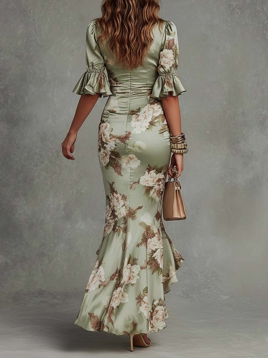 Anna™ | Asymmetrical Green Satin Floral Maxi