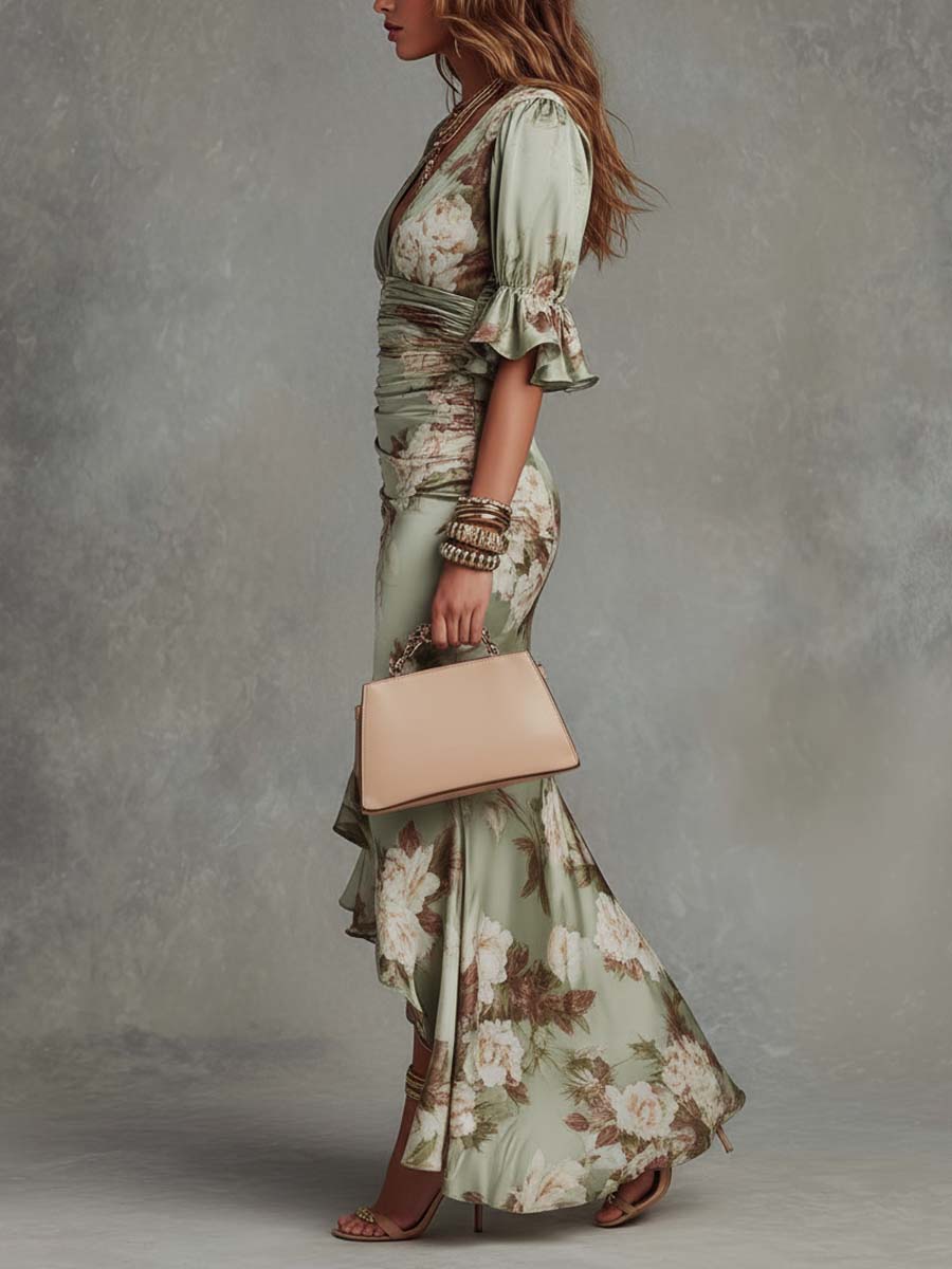 Anna™ | Asymmetrical Green Satin Floral Maxi