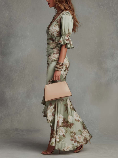 Anna™ | Asymmetrical Green Satin Floral Maxi