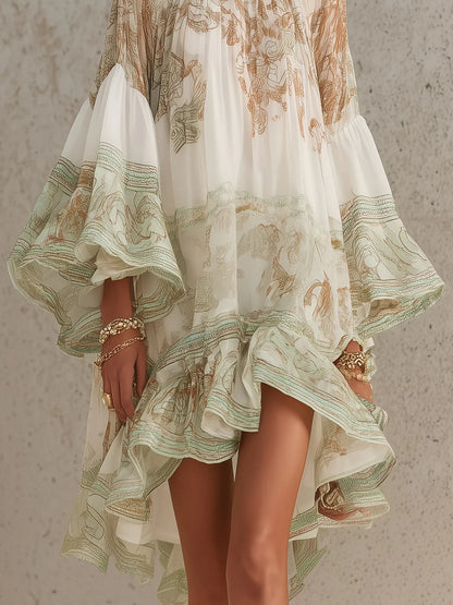 Emerald™ Green Print Chiffon Ruffle Mini Dress