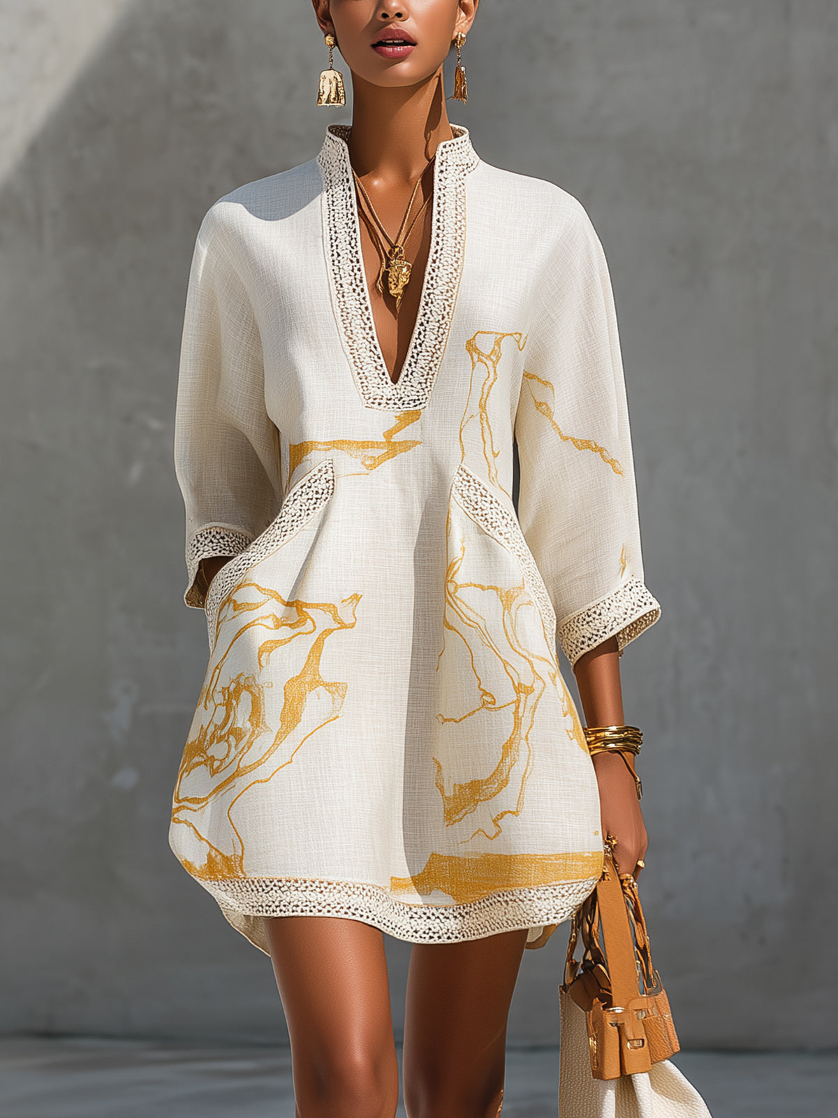 Melina™ Ivory Gold Crochet Lace V-Neck Mini Dress