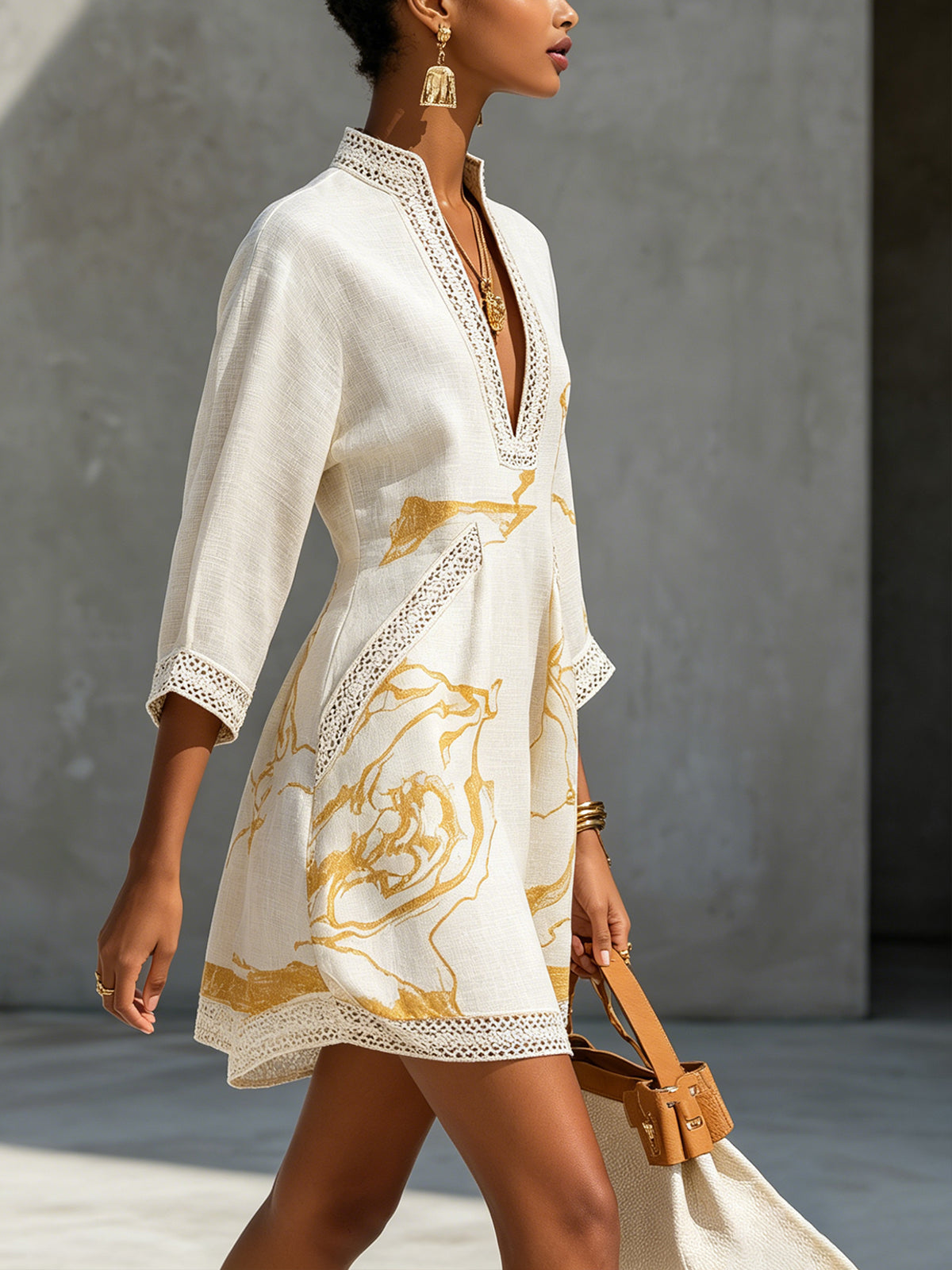 Melina™ Ivory Gold Crochet Lace V-Neck Mini Dress