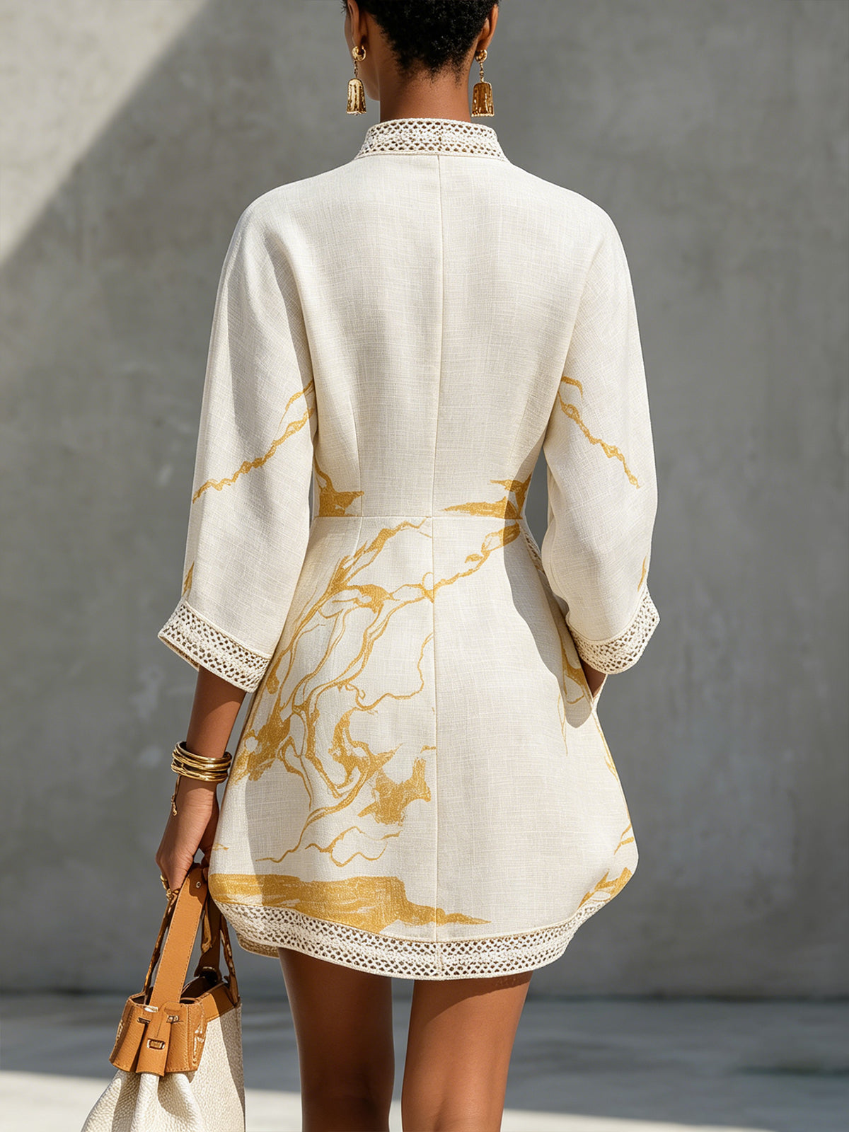 Melina™ Ivory Gold Crochet Lace V-Neck Mini Dress
