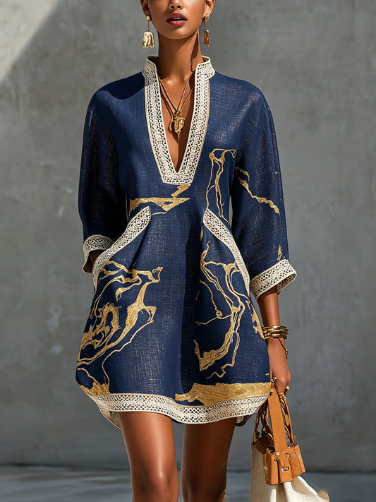 Eurydice™ Navy Gold Crochet Lace V-Neck Mini Dress