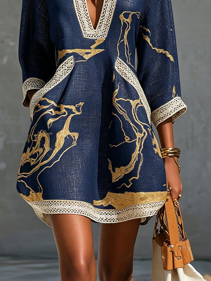 Eurydice™ Navy Gold Crochet Lace V-Neck Mini Dress