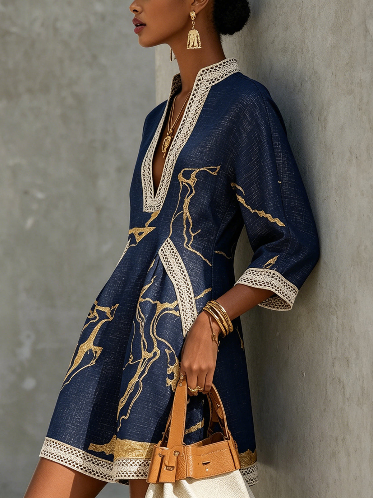 Eurydice™ Navy Gold Crochet Lace V-Neck Mini Dress
