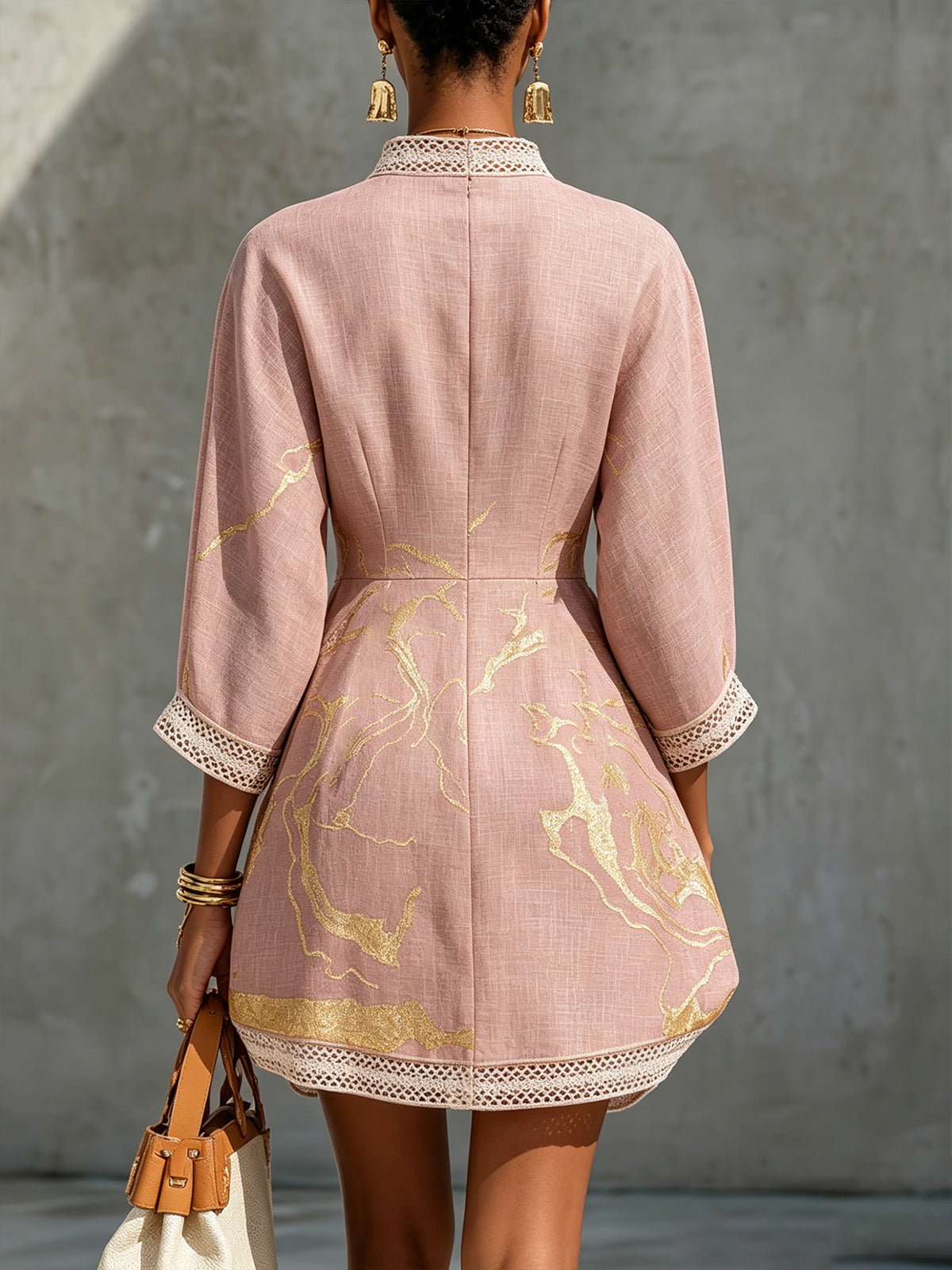 Danae™ Pink Gold Crochet Lace V-Neck Mini Dress