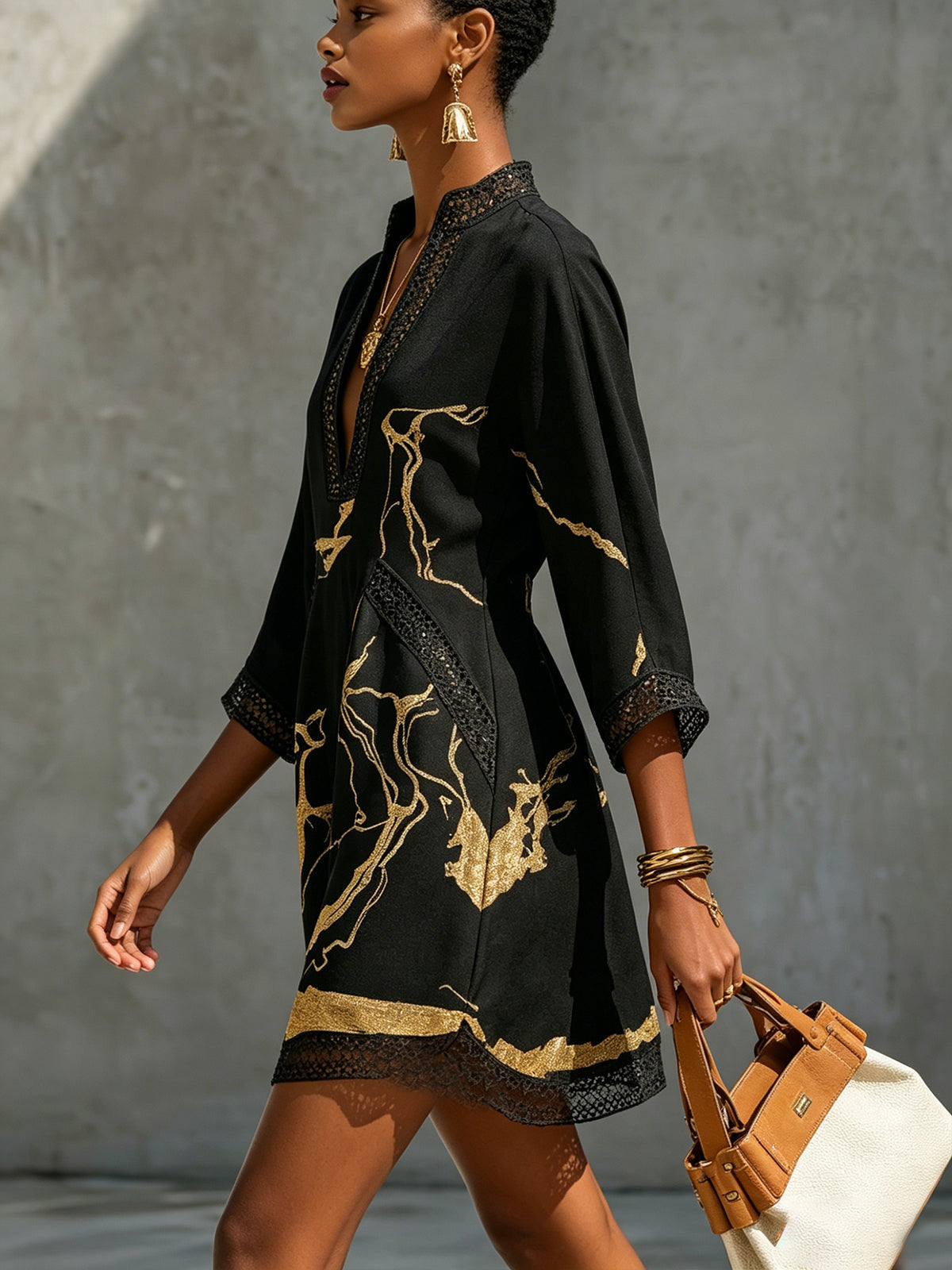 Helen™ Black Gold Crochet Lace V-Neck Mini Dress