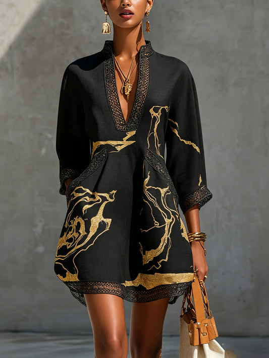 Helen™ Black Gold Crochet Lace V-Neck Mini Dress