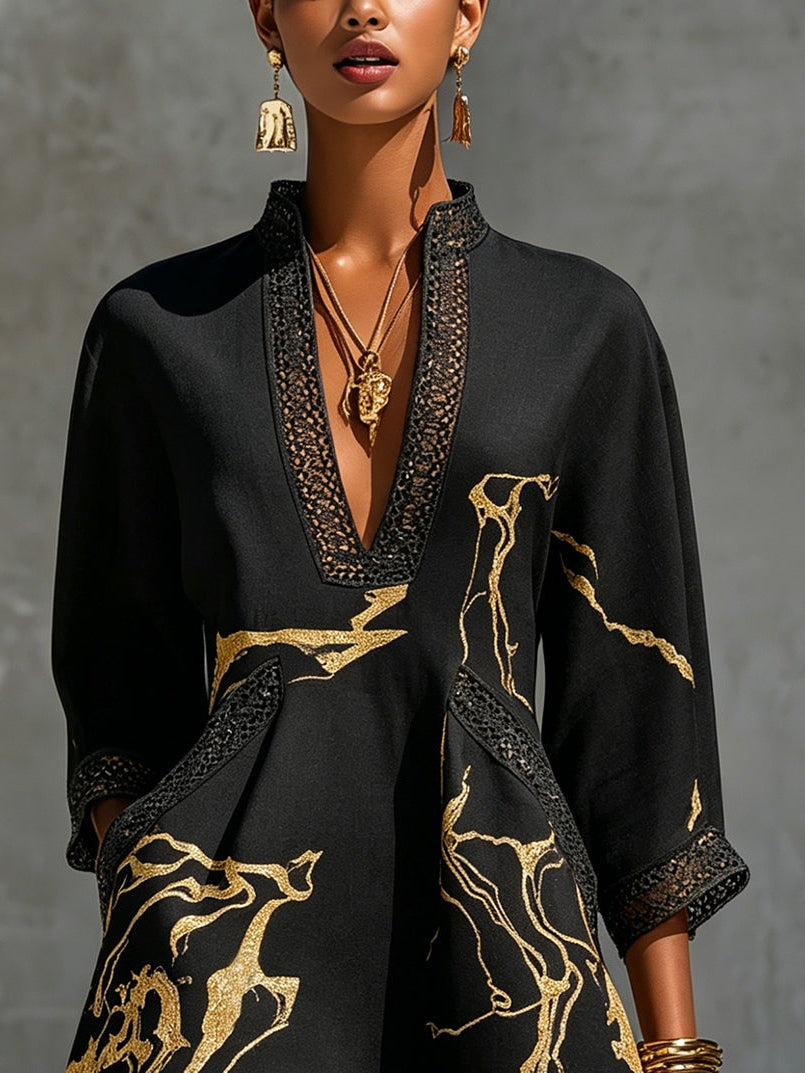 Helen™ Black Gold Crochet Lace V-Neck Mini Dress
