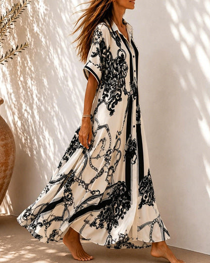 Vivienne™ Vintage Scroll Collared Shirt Maxi Dress