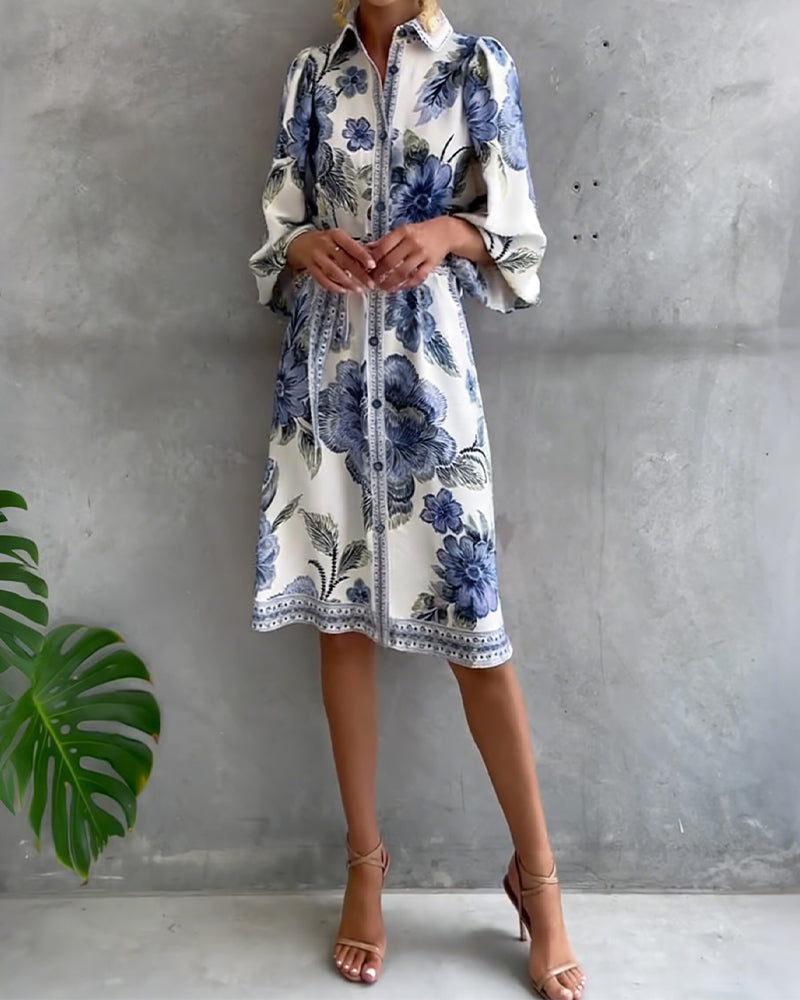 Lorette™ Notch Collar Lantern Sleeve Midi Dress