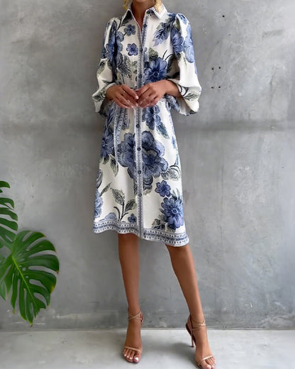 Lorette™ Notch Collar Lantern Sleeve Midi Dress