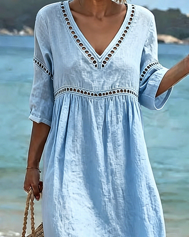 Noémie™ Openwork V-Neck Casual Midi Dress