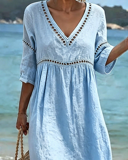 Noémie™ Openwork V-Neck Casual Midi Dress