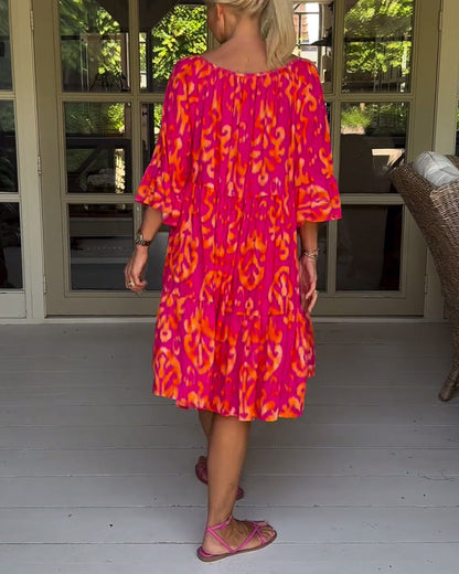 Camille™ Drawstring Neck Bell Sleeve Midi Dress