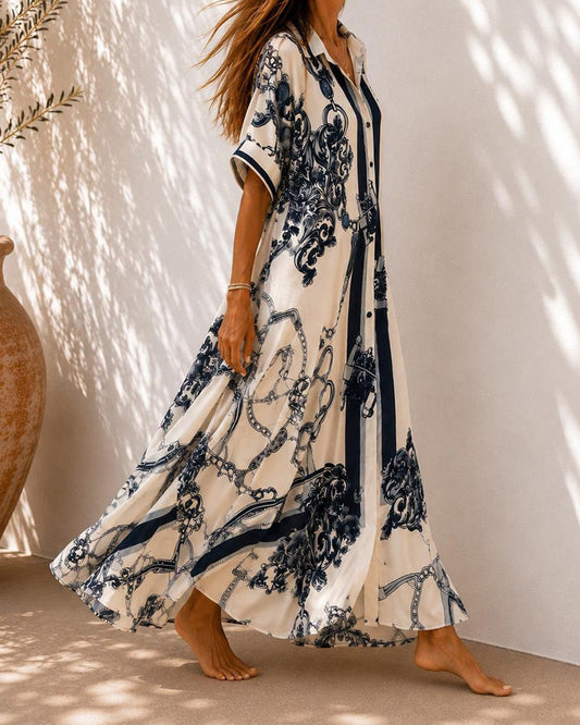 Vivienne™ Vintage Scroll Collared Shirt Maxi Dress
