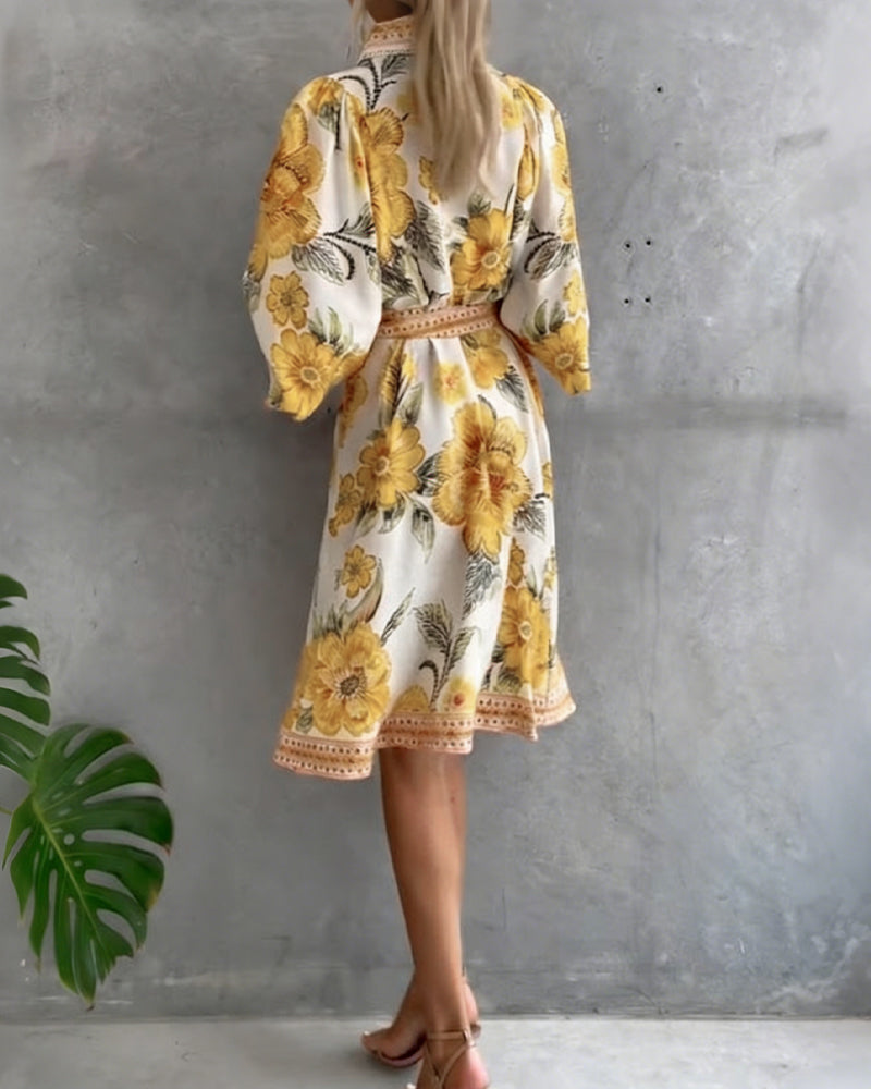 Lorette™ Notch Collar Lantern Sleeve Midi Dress