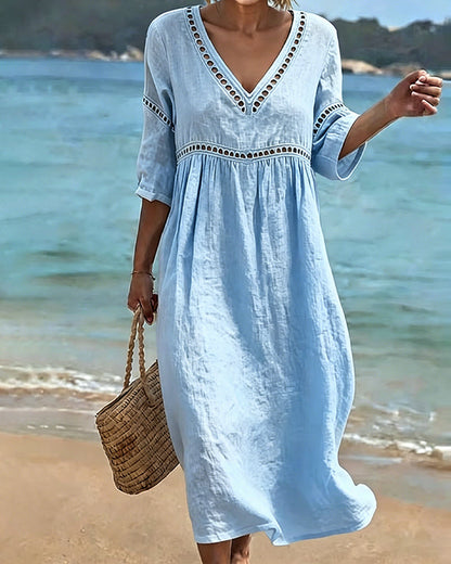 Noémie™ Openwork V-Neck Casual Midi Dress