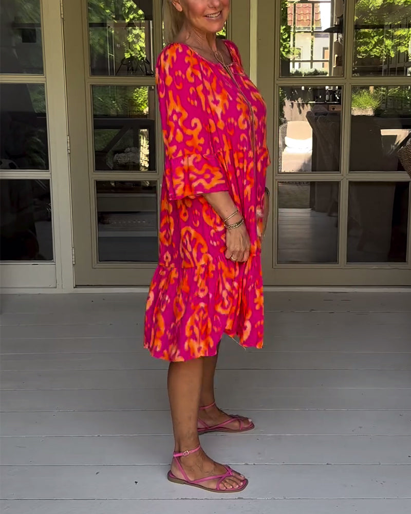 Camille™ Drawstring Neck Bell Sleeve Midi Dress