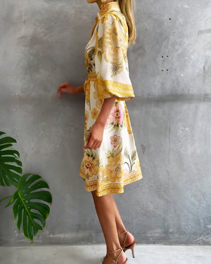Lorette™ Notch Collar Lantern Sleeve Midi Dress