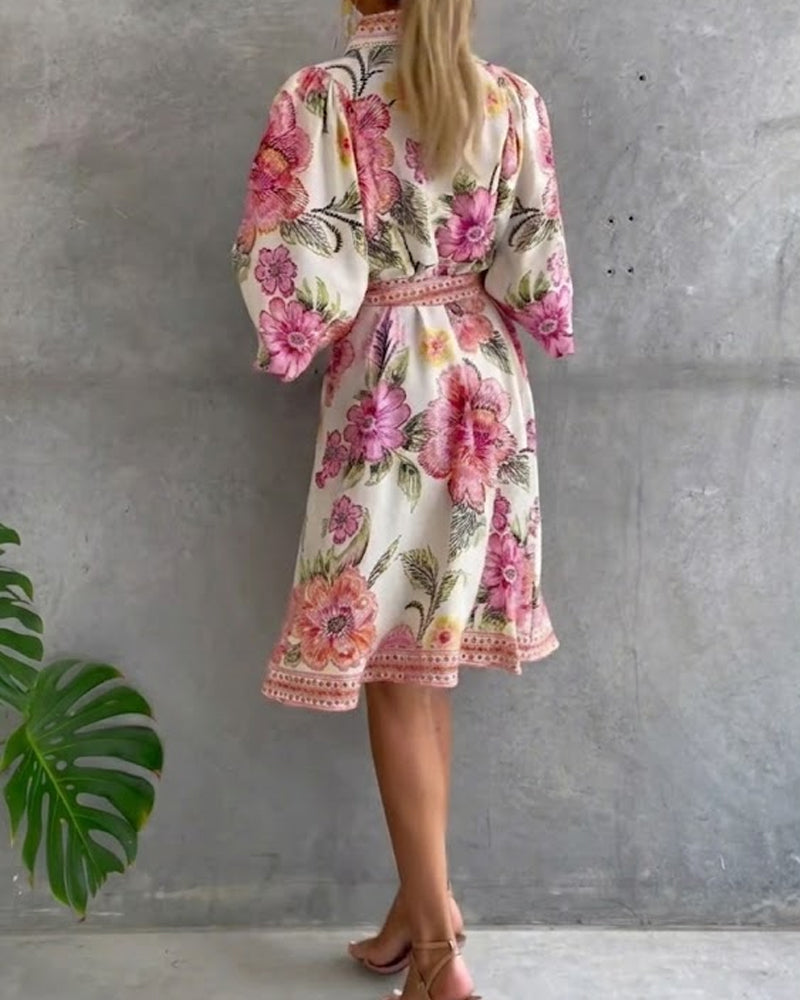 Lorette™ Notch Collar Lantern Sleeve Midi Dress