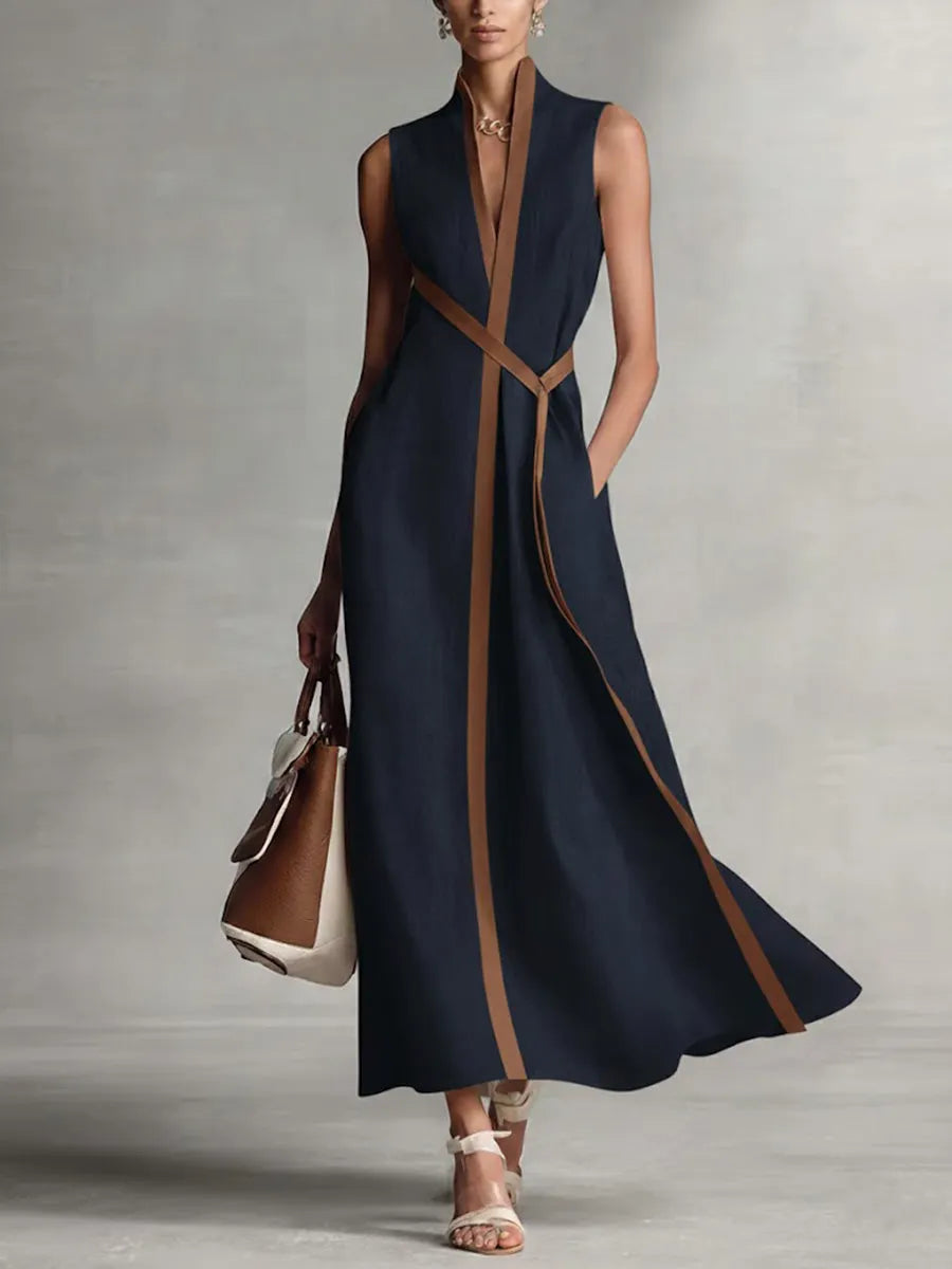 Coraline™ | Linen Maxi Dress with Contrast Trim