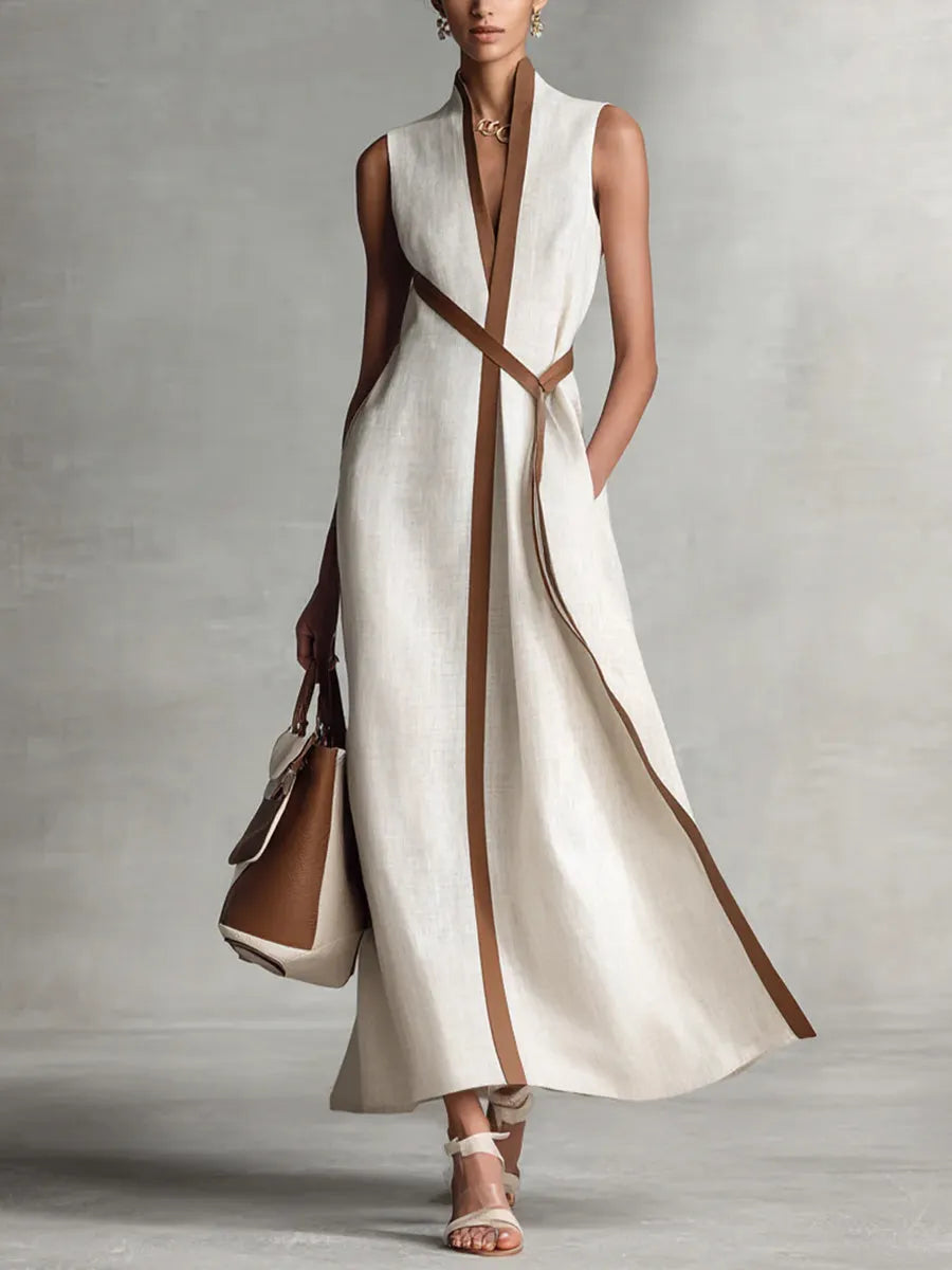 Coraline™ | Linen Maxi Dress with Contrast Trim