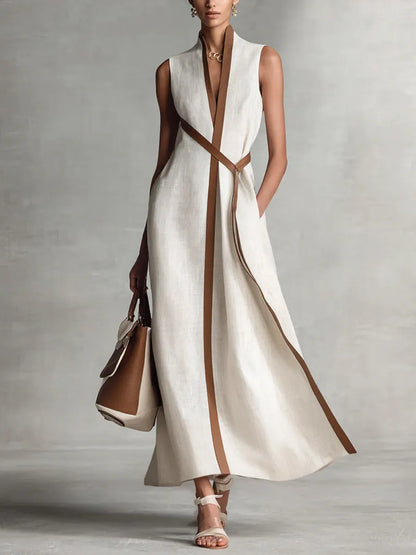 Coraline™ | Linen Maxi Dress with Contrast Trim