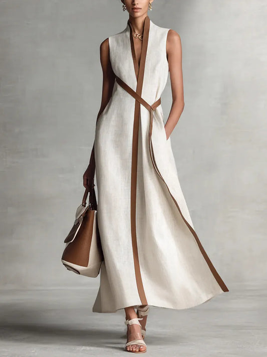 Coraline™ | Linen Maxi Dress with Contrast Trim