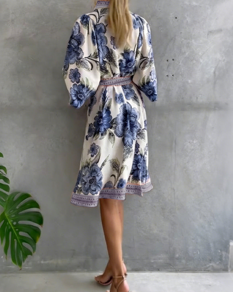 Lorette™ Notch Collar Lantern Sleeve Midi Dress