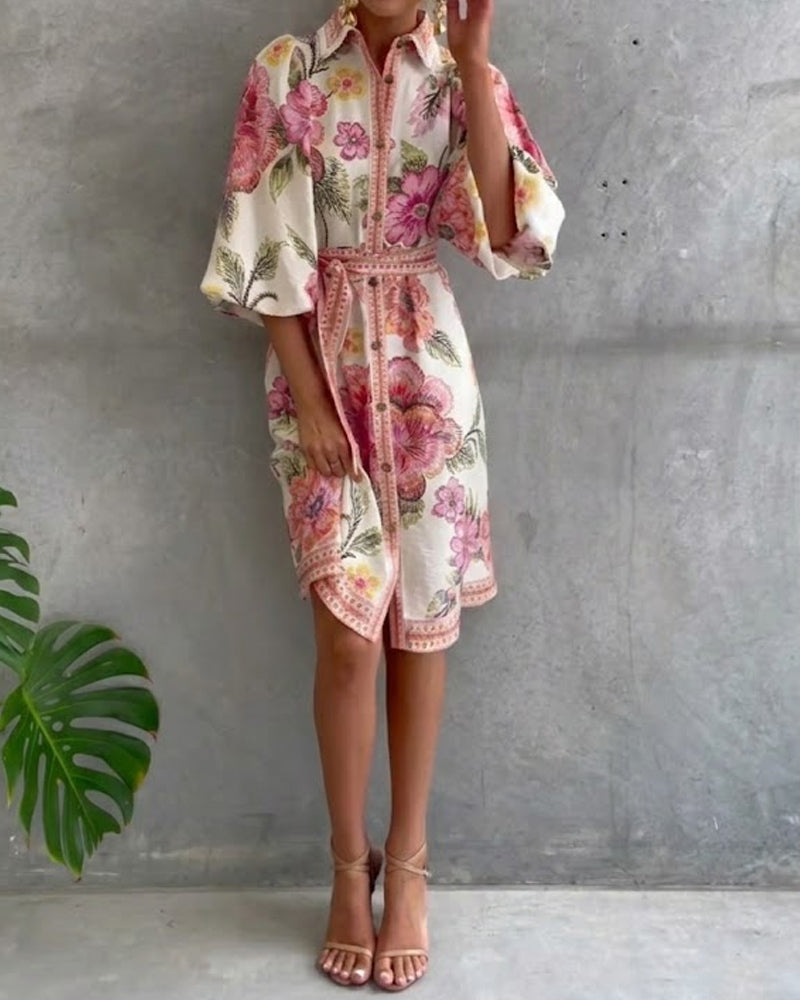 Lorette™ Notch Collar Lantern Sleeve Midi Dress