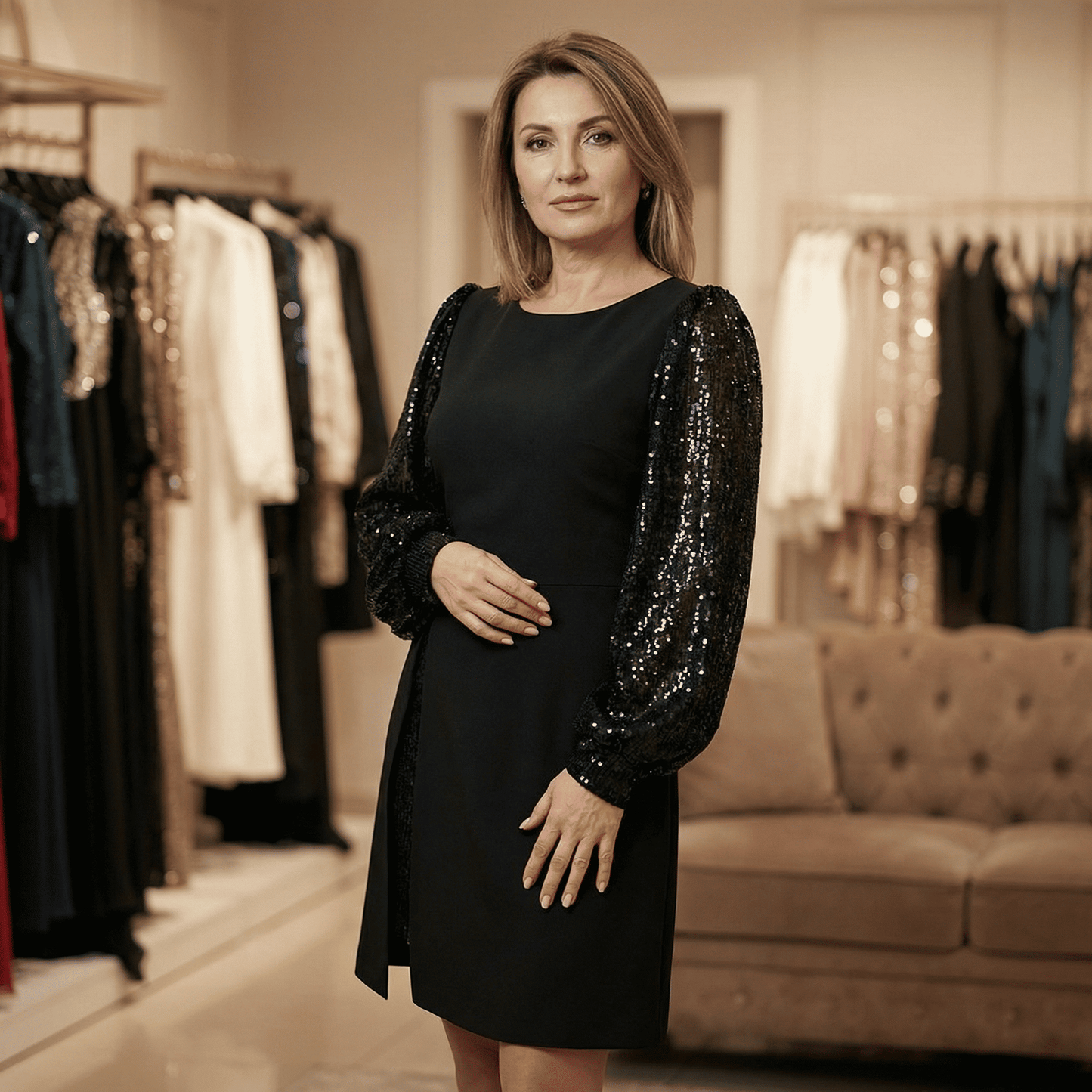 Aria | Elegant Dress with Shimmering Puff Sleeves