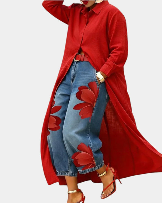 Clarine™ | Shirt-Dress & Floral Wide-Leg Jeans Set