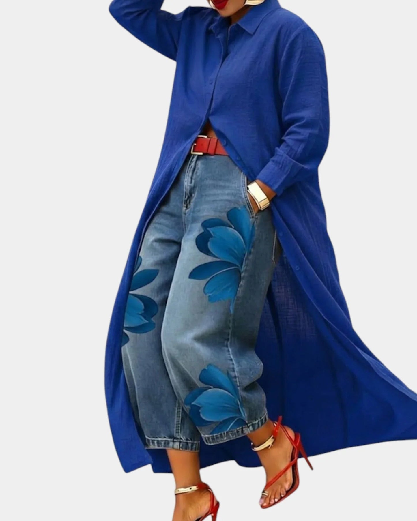 Clarine™ | Shirt-Dress & Floral Wide-Leg Jeans Set
