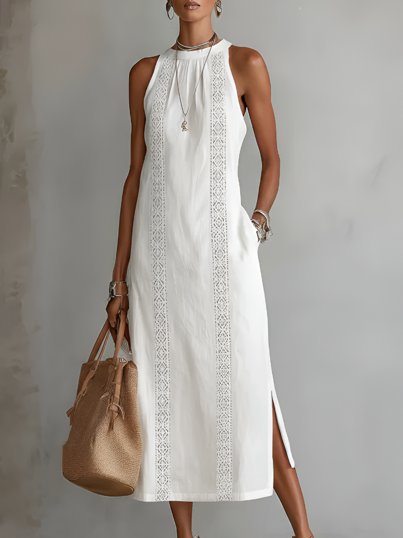 Jenna | Linen-Texture Midi Dress with Mandarin Collar