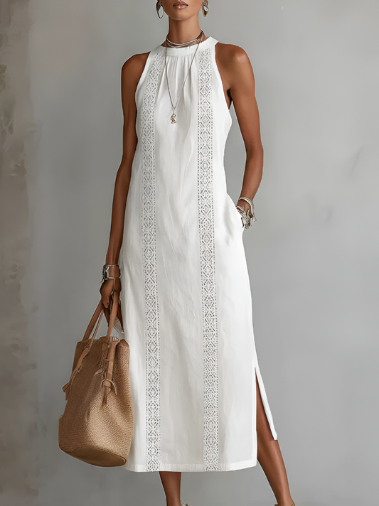 Jenna | Linen-Texture Midi Dress with Mandarin Collar