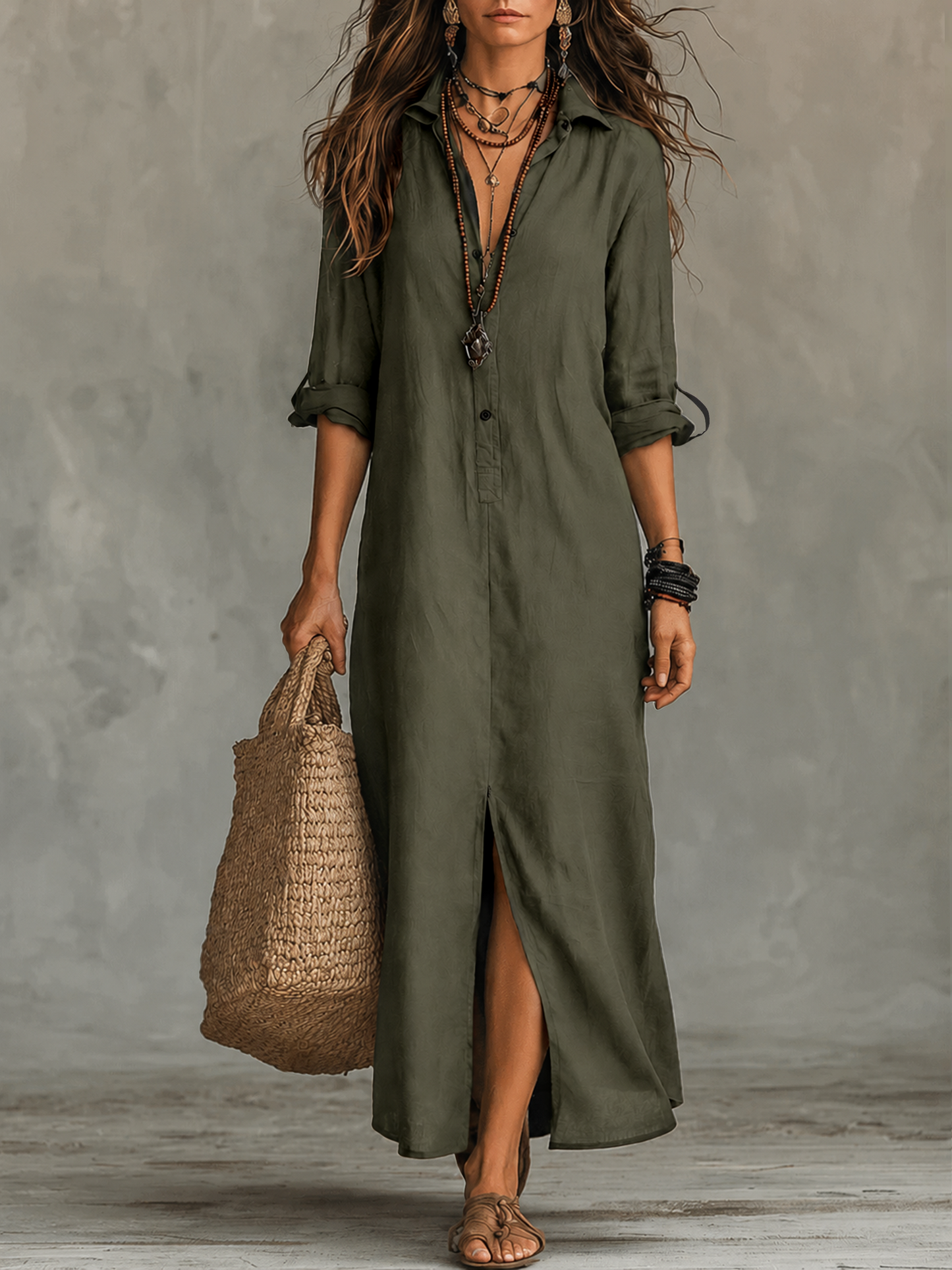 Serena™ Button-Front Bohemian Shirt Maxi Dress