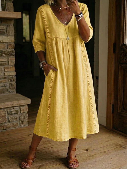 Virella™ | Loose Linen & Cotton Dress with Lace Detail