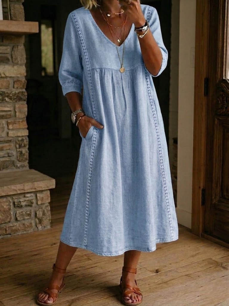 Virella™ | Loose Linen & Cotton Dress with Lace Detail
