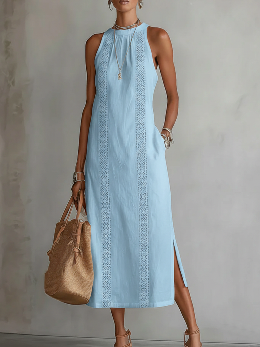 Jenna | Linen-Texture Midi Dress with Mandarin Collar
