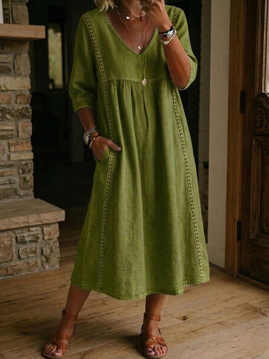 Virella™ | Loose Linen & Cotton Dress with Lace Detail