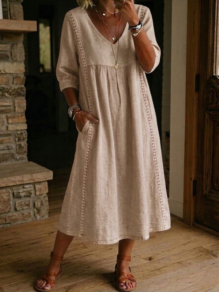 Virella™ | Loose Linen & Cotton Dress with Lace Detail