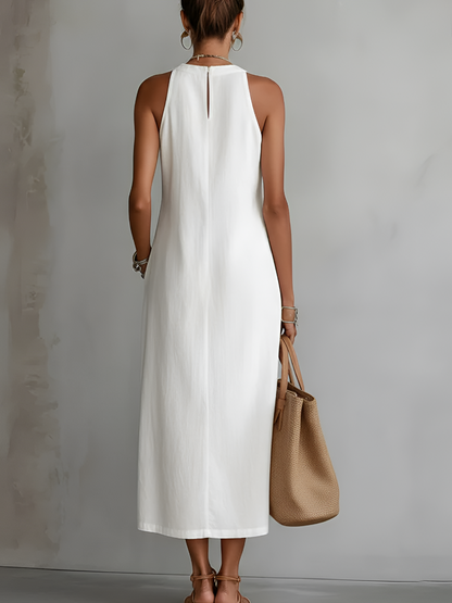 Jenna | Linen-Texture Midi Dress with Mandarin Collar