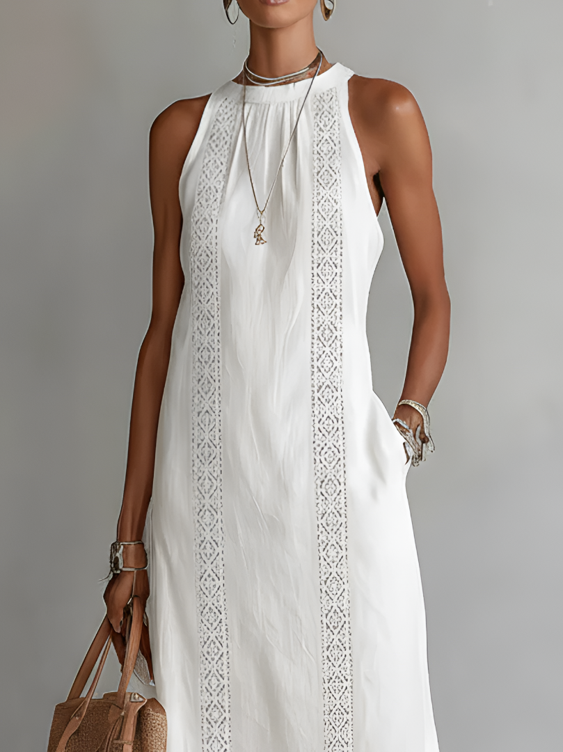 Jenna | Linen-Texture Midi Dress with Mandarin Collar