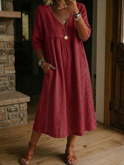 Virella™ | Loose Linen & Cotton Dress with Lace Detail